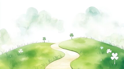 Fototapeta premium Watercolor Illustration of a Winding Path Through a Green Clover Field with White Clouds in the Sky