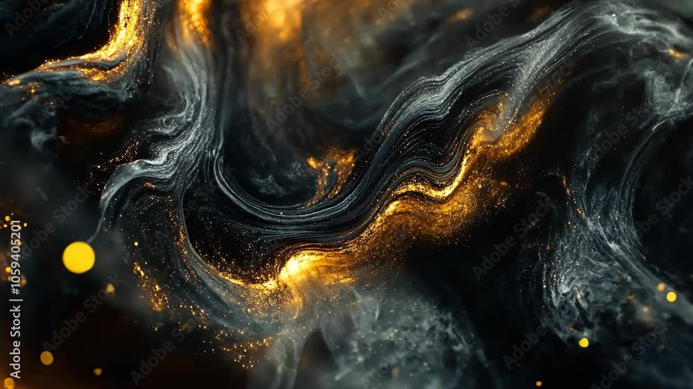 Poster a close-up of swirling black and gold paint, creating an abstract and captivating design