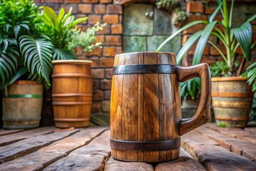 Naklejka premium A rustic wooden beer mug with a hand-carved handle and a natural finish sits on a worn stone patio surrounded by potted plants and a brick wall, mug, decor