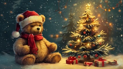  Gloomy Christmas illustration featuring a forgotten teddy bear under a decorated Christmas tree, evoking a sense of nostalgia.