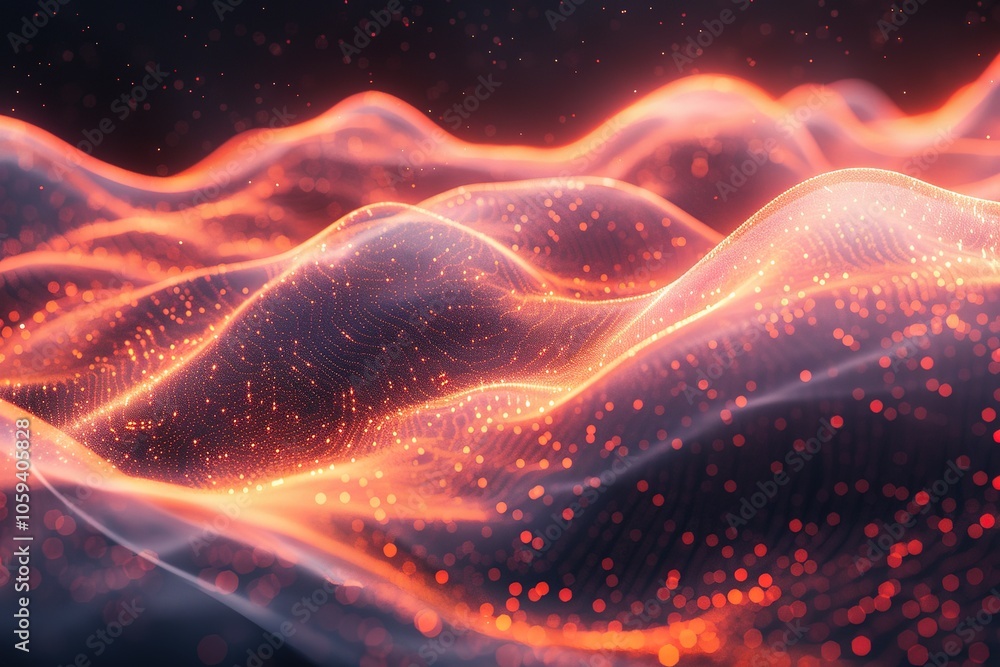 Poster a computer generated image of a mountain range with orange and red colors