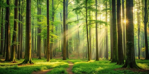 A serene forest landscape with tall trees and lush foliage in shades of green on a textured wooden background, foliage, atmosphere