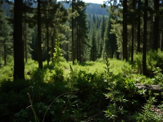Fototapeta premium A serene forest scene with tall pine trees casting shadows on the ground below, tranquil, environment, wilderness
