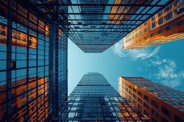 Looking Up At Modern Skyscrapers In A City Center On A Sunny Day