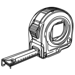 Construction tape measure, in one-line drawing, figure outline, multiple bold line drawing, white background, minimalistic