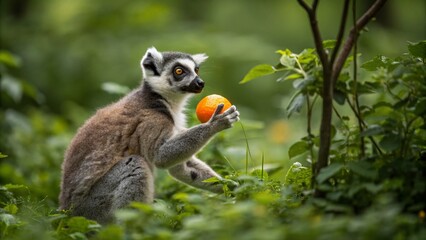 Obraz premium Ring-Tailed Lemur Holding Orange Fruit in Tilt-Shift Photography Style