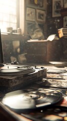 Obraz premium Record player sits on a table with a pile of records