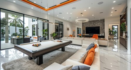 Obraz premium Modern Pool Table In Luxury Home With Outdoor Access
