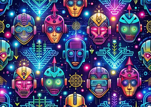 Robot Seamless Pattern with Bokeh Effect - Cyberpunk Digital Print of Cyborg Faces, Arrows, Microcircuits, and Text for Wrapping Paper and Mask Cover Designs