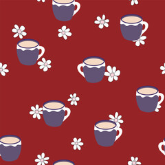 Obraz premium Abstract seamless pattern with color cups. Kitchen doodle background. Design for poster, fabric, textile