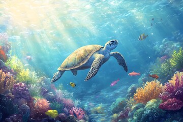 Fototapeta premium sea turtle and coral reef underwater in the ocean habitat, representing tropical fish and aquatic animals