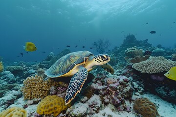 Obraz premium sea turtle and coral reef underwater in the ocean habitat, representing tropical fish and aquatic animals