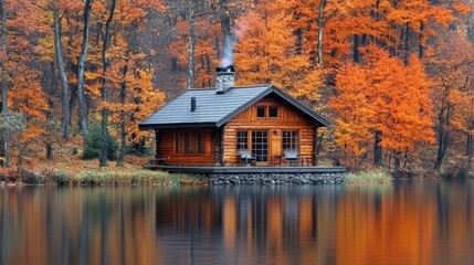 Fototapeta premium Rustic Cabin by Calm Lake in Autumn Splendor
