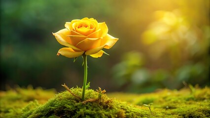 Fototapeta premium A single stem of a vibrant yellow rose flower standing upright in a bed of soft, velvety moss, wildflowers, moss, yellow rose, lush