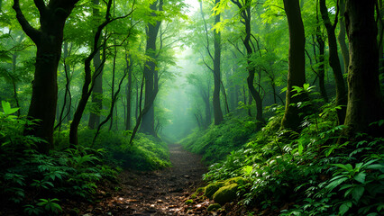 Fototapeta premium A narrow, dirt path winds through a dense forest, sunlight filtering through the thick canopy of trees, illuminating the verdant foliage and casting long shadows on the ground.