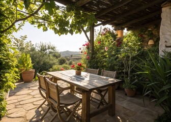 Fototapeta premium Rustic Outdoor Patio Dining Table with Plants - Cozy, Inviting Outdoor Space for Relaxation and Gatherings