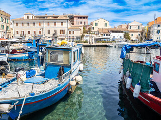 Harbour and town in La Maddalena island , Italy