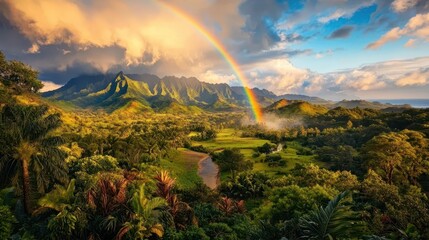 Naklejka premium A stunning landscape featuring lush greenery, majestic mountains, and a vibrant rainbow under a dramatic sky.