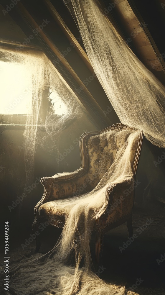 Poster chair is covered in spider webs and sits in a room with a window