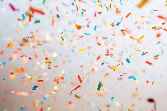 Colorful confetti floating in bright celebration background