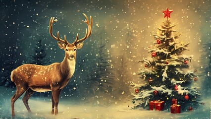 Heartwarming vintage Christmas card featuring a kind grandfather Santa Claus with a beautifully decorated Christmas tree.