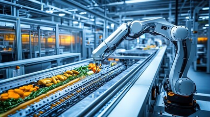 Vibrant Robotic Arm in Action: A Stunning Poster Showcasing a Food Packaging Assembly Line with Colorful Products Under Cool Lighting - Perfect for Modern Sports Interiors!