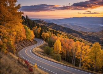 Scenic Fall Mountain Road at Dusk with Golden Sunlight - Autumn Landscape Photography