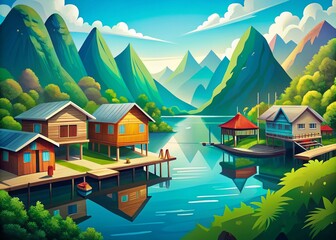 Naklejka premium Scenic Floating Village in Lush Green Mountains Under a Clear Blue Sky - Tranquil Nature Escape, Serene Landscape, Idyllic Waterside Community, Peaceful Retreat, Vibrant Illustration