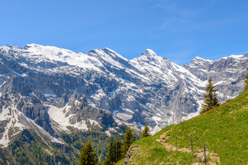 Fototapeta premium The Swiss Alps at Murren, Switzerland. Jungfrau Region. The valley of Lauterbrunnen from Interlaken.