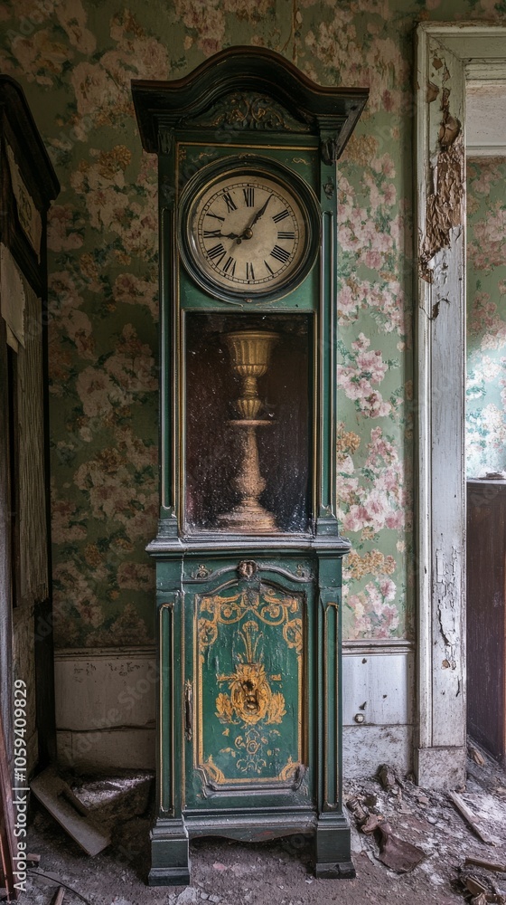 Poster green clock tower with a clock on it
