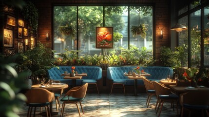 Fototapeta premium A modern restaurant interior with large windows, blue booths, and a brick wall. Sunlight streams through the windows, illuminating the plants and furniture.