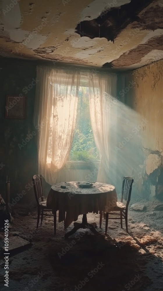 Poster table with two chairs and a white tablecloth sits in a room with a window