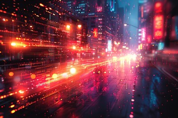 Fototapeta premium A city street with a bright red background and neon lights