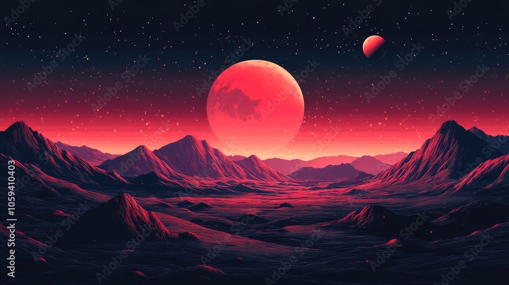 Poster a red planet with a large moon and a mountain range.
