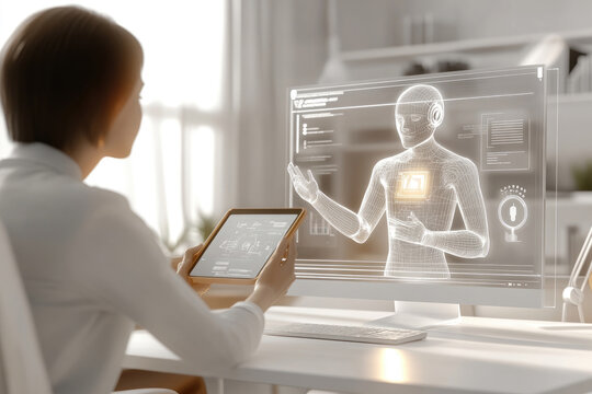 Virtuelle KI-Beratung im modernen B&uuml;ro &ndash; Interaktive Assistenz mit holografischer Darstellung