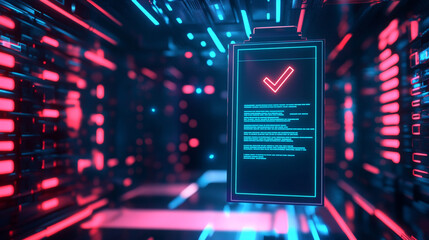 Checklist and certificate hovering in a high-tech environment for marketing quality control-1