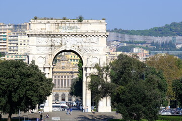Obraz premium View of Genoa. Victory Arch and Marassi district.View of the city from Genova Brignole with the snake in the Forte Quezzi district in the background Italy