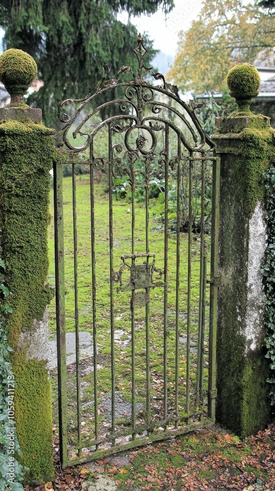 Poster Gate with a lock and a key is covered in moss