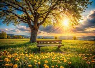 Naklejka premium Serene Bench Under a Lone Tree in a Dandelion Field – Tranquil Nature Scene for Wallpaper