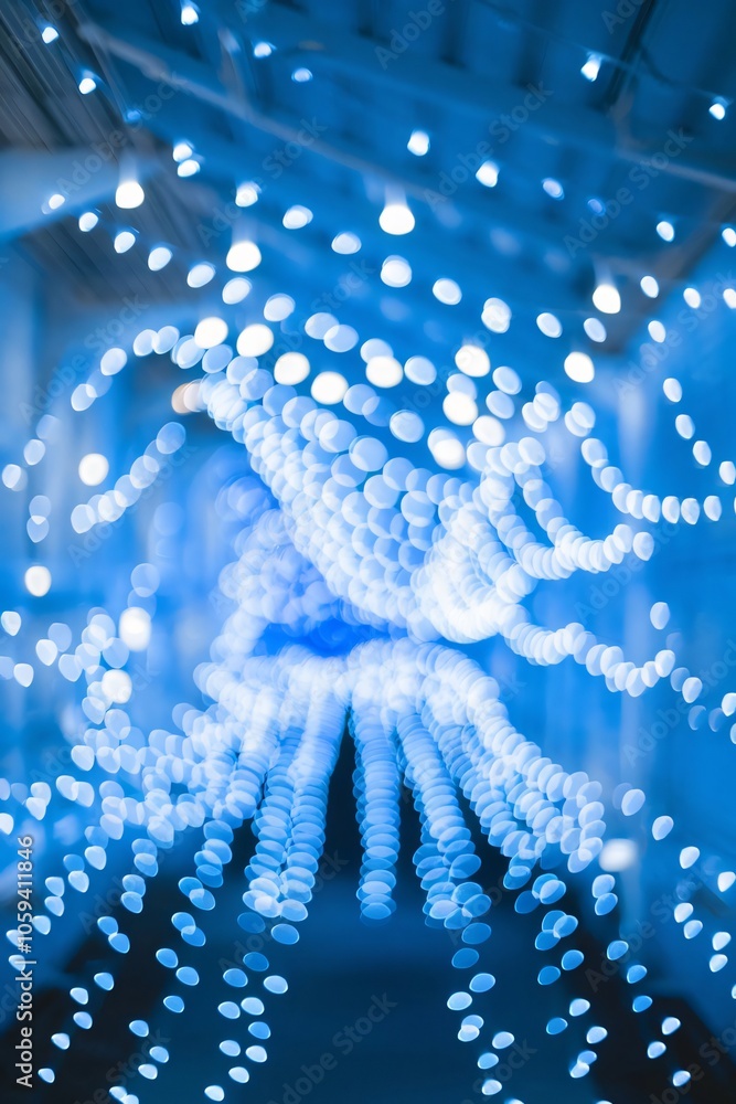 Poster strings of blue bokeh lights arranged in a tunnel-like formation. artistic photography with glowing 