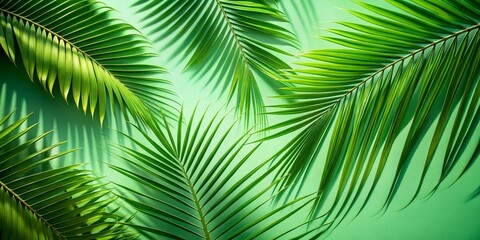Obraz premium Serene Coconut Palm Leaves Casting Shadows on Lush Green Background with Soft White Space