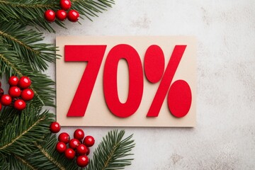 Bright holiday discount advertisement featuring 70 percent off with festive decor of red berries and green pine