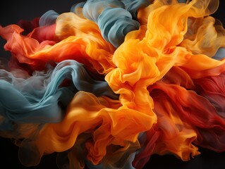 Fototapeta premium A vibrant and dynamic swirl of colorful fabric, blending hues of orange, red, and blue, creates a captivating abstract image, Ideal for backgrounds, design projects, and artistic presentations,