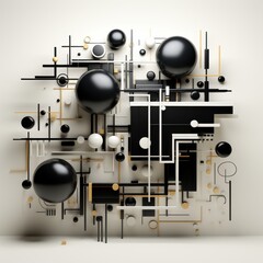 Abstract geometric shapes in black, white, and gold create a striking visual, ideal for modern art concepts, interior design, or tech-related projects, offering a contemporary aesthetic,