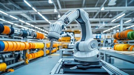 Exploring Innovation: Robotic Textile Testing in Fashion Industry - A Poster for Modern Interiors Showcasing Technology and Colorful Fabrics