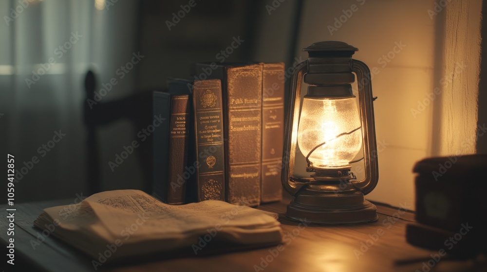 Poster An open book lies on a wooden table beside a lit kerosene lamp and a stack of leather bound books.
