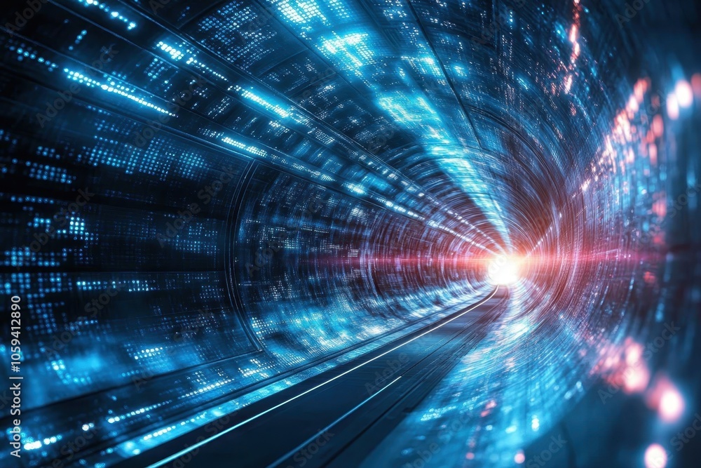 Poster a futuristic tunnel illuminated by blue and red lights with abstract digital patterns in view