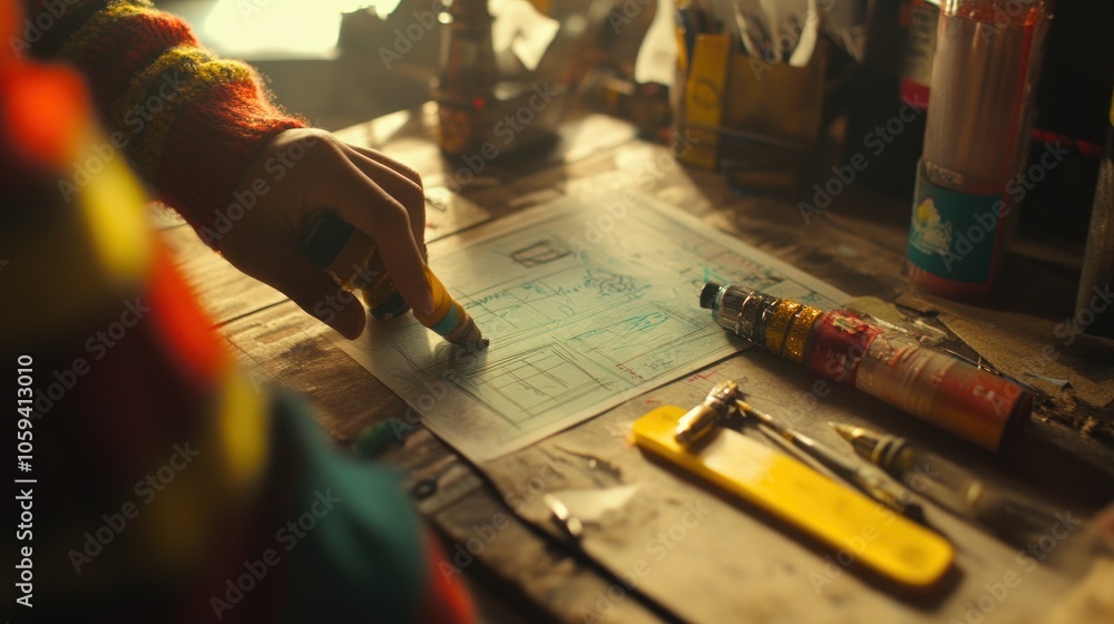 Poster a hand points at a drawing on a table with tools and materials, sunlight coming in from the window.