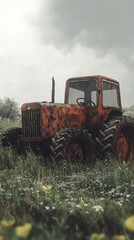 Fototapeta premium An old rusty tractor is sitting in a field of grass