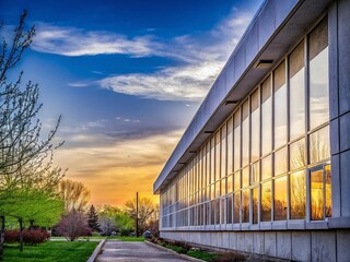 Obraz premium Serene Modern Office Building with Sunset Reflection and Tranquil Surroundings - Architectural Photography